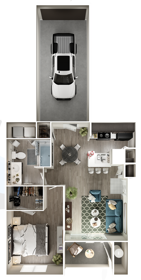 Floor plan for 1 bed, 1 bath, 669 sqft